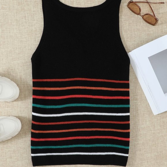Black V Neck Striped Button Down Knit Tank - Picture 7 of 11